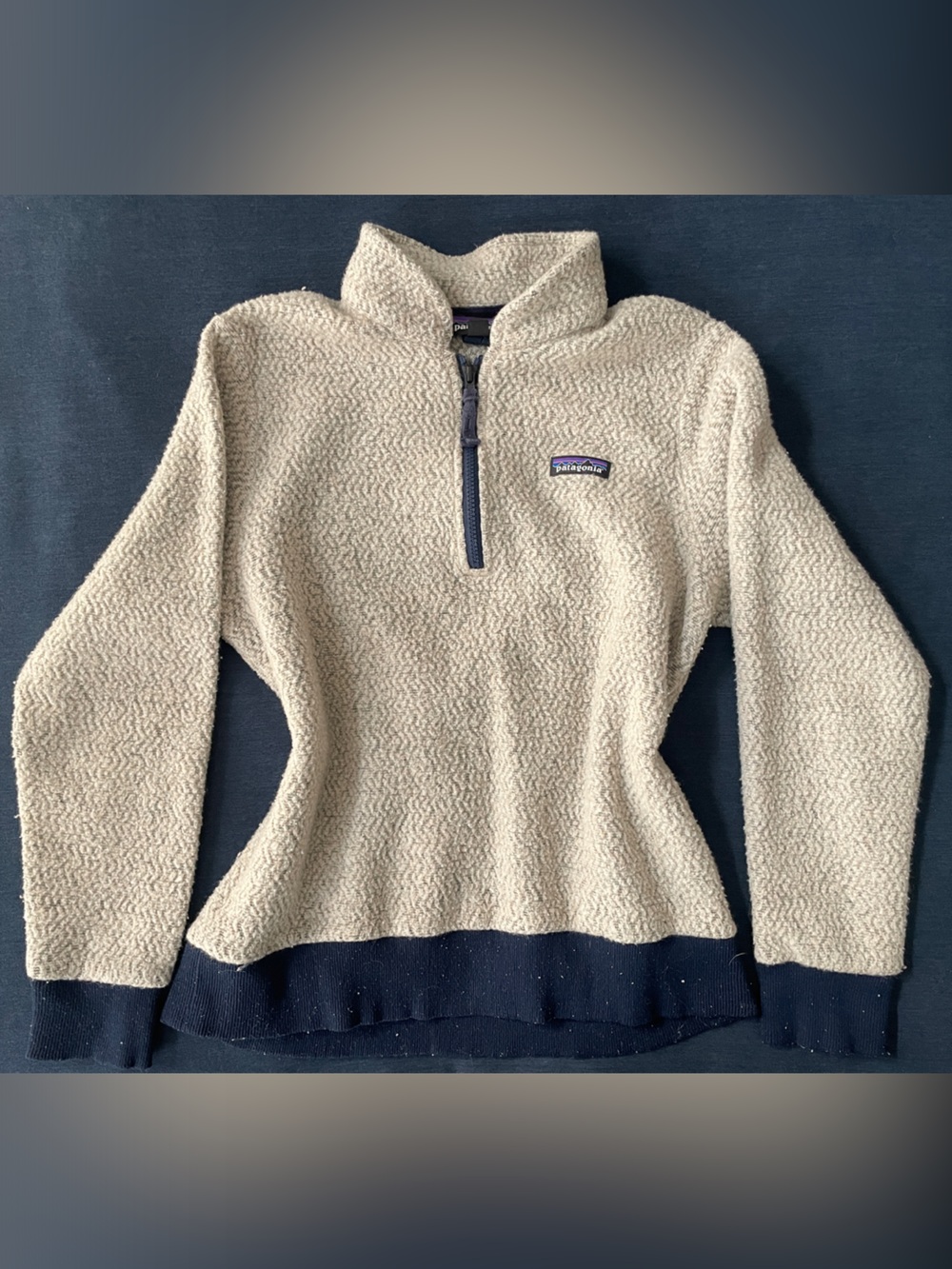 Patagonia Cream Fleece Half-Zip Pullover with Navy Trim